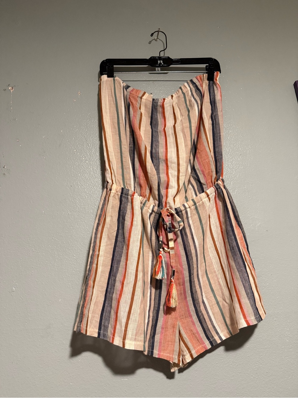 Becca by Rebecca Virtue Striped Strapless Tie-Waist Romper in Muted Multi size L